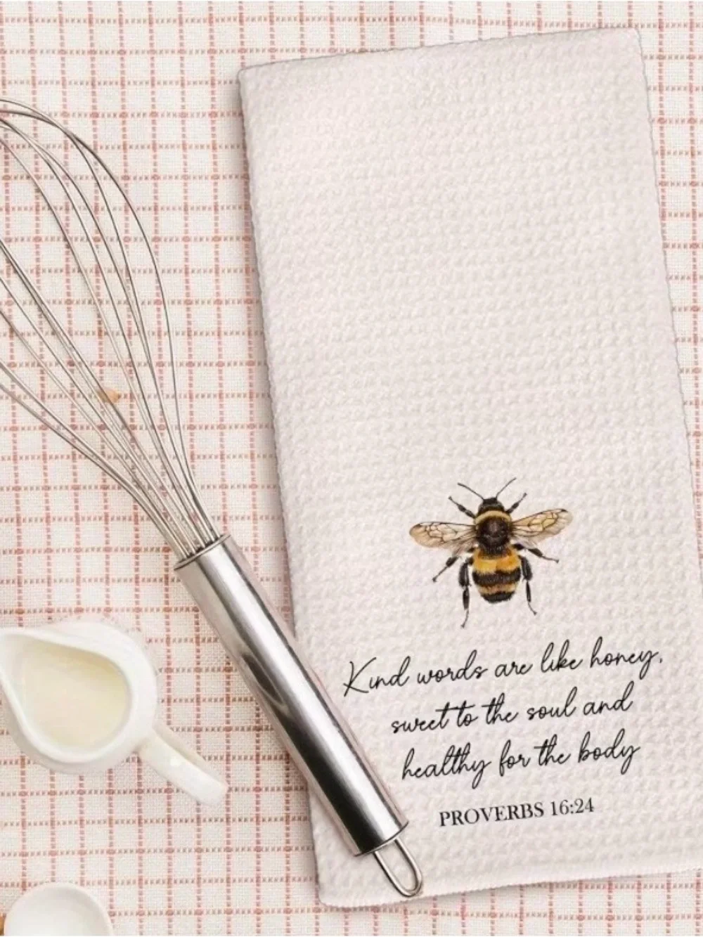 Bee Print Kitchen Towel - White with Yellow Bee & Proverbs Quote